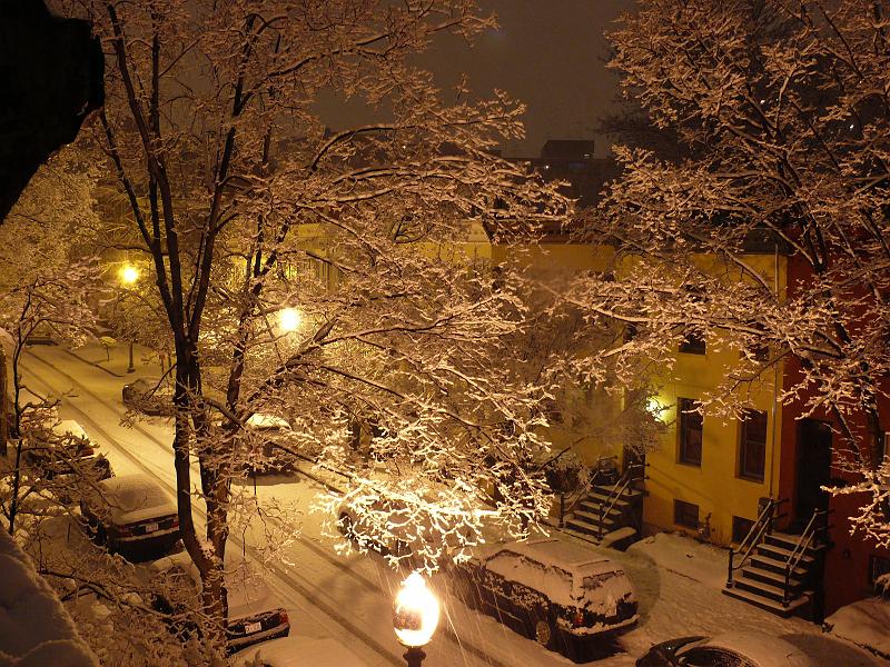 P1160091.JPG - Night time view of Newport Place from Win's roof as the snow begins.  More of the same.